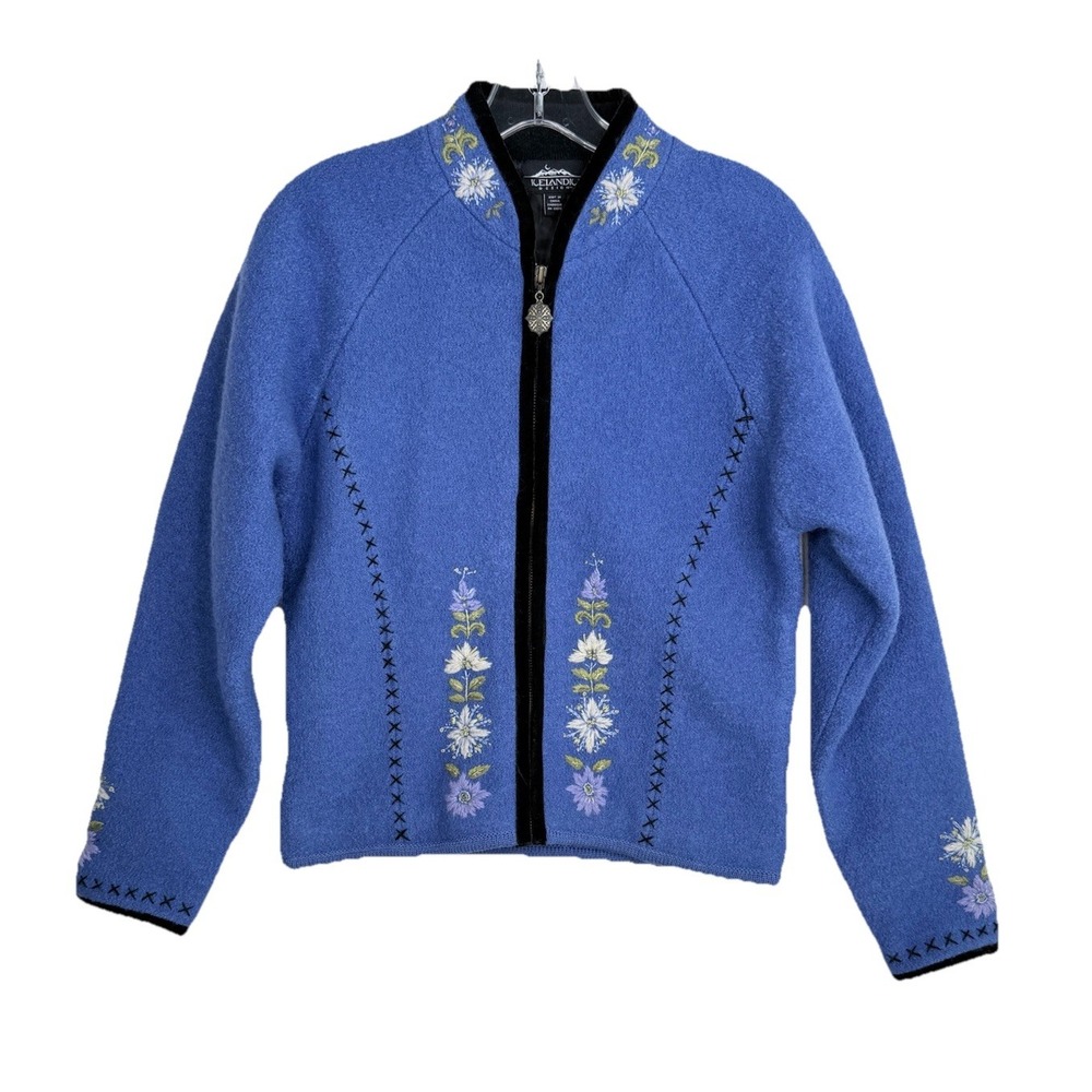 Vtg Icelandic Design Blue Boiled Wool  Full Zip Cardigan Jacket‎ Floral Size S